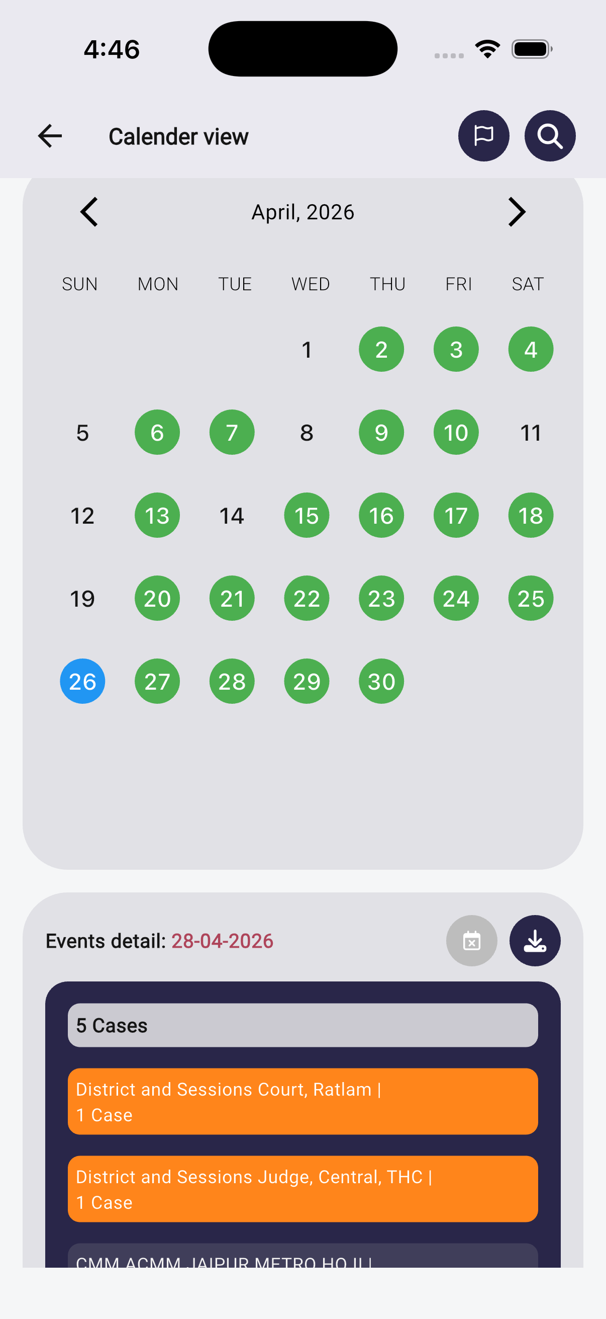 Case Bench calendar view showing hearing schedule