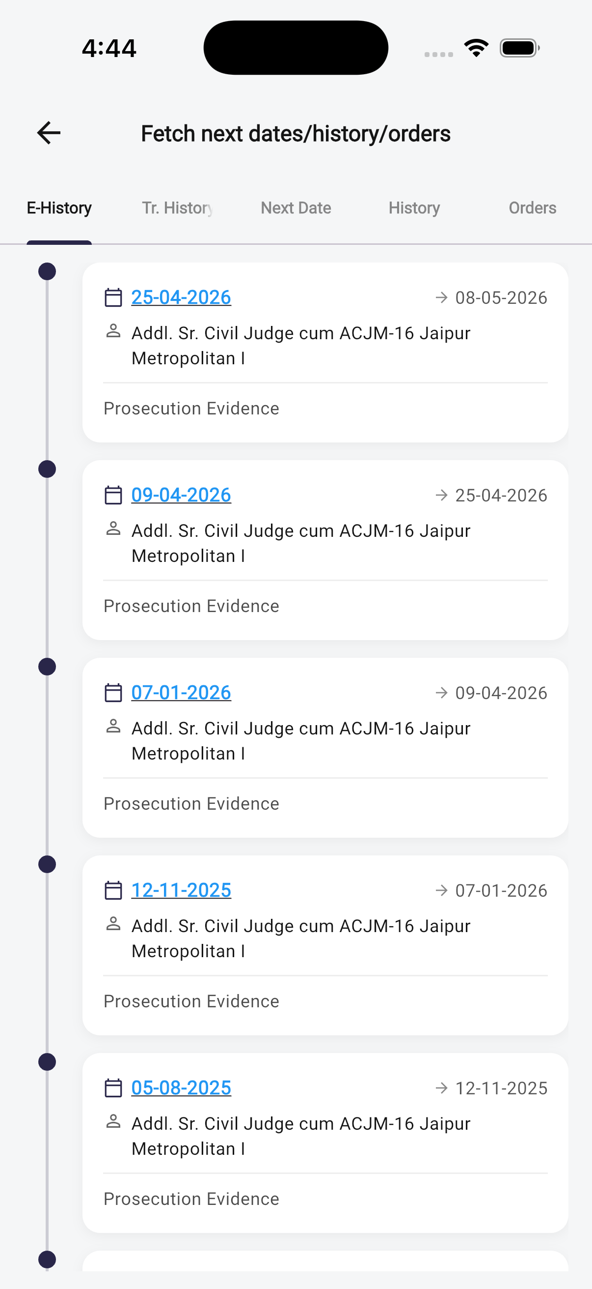 Case timeline showing hearing history