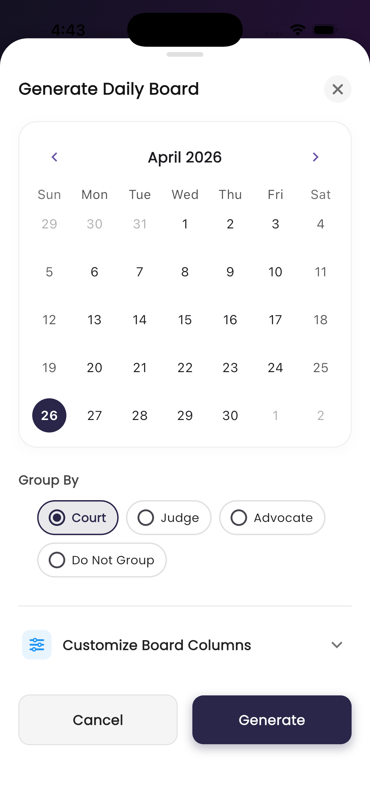 Daily board PDF listing all hearings for the day