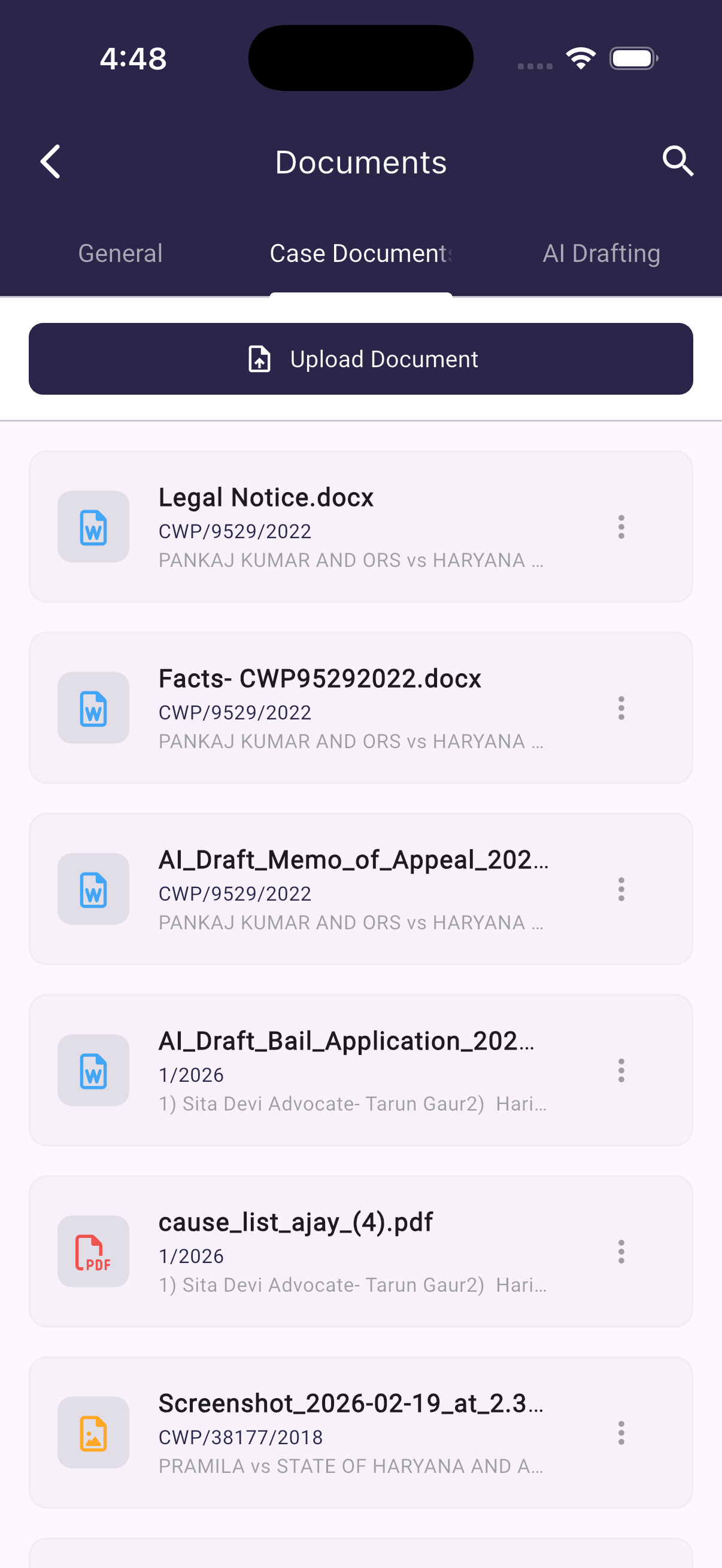 Document management screen showing case files