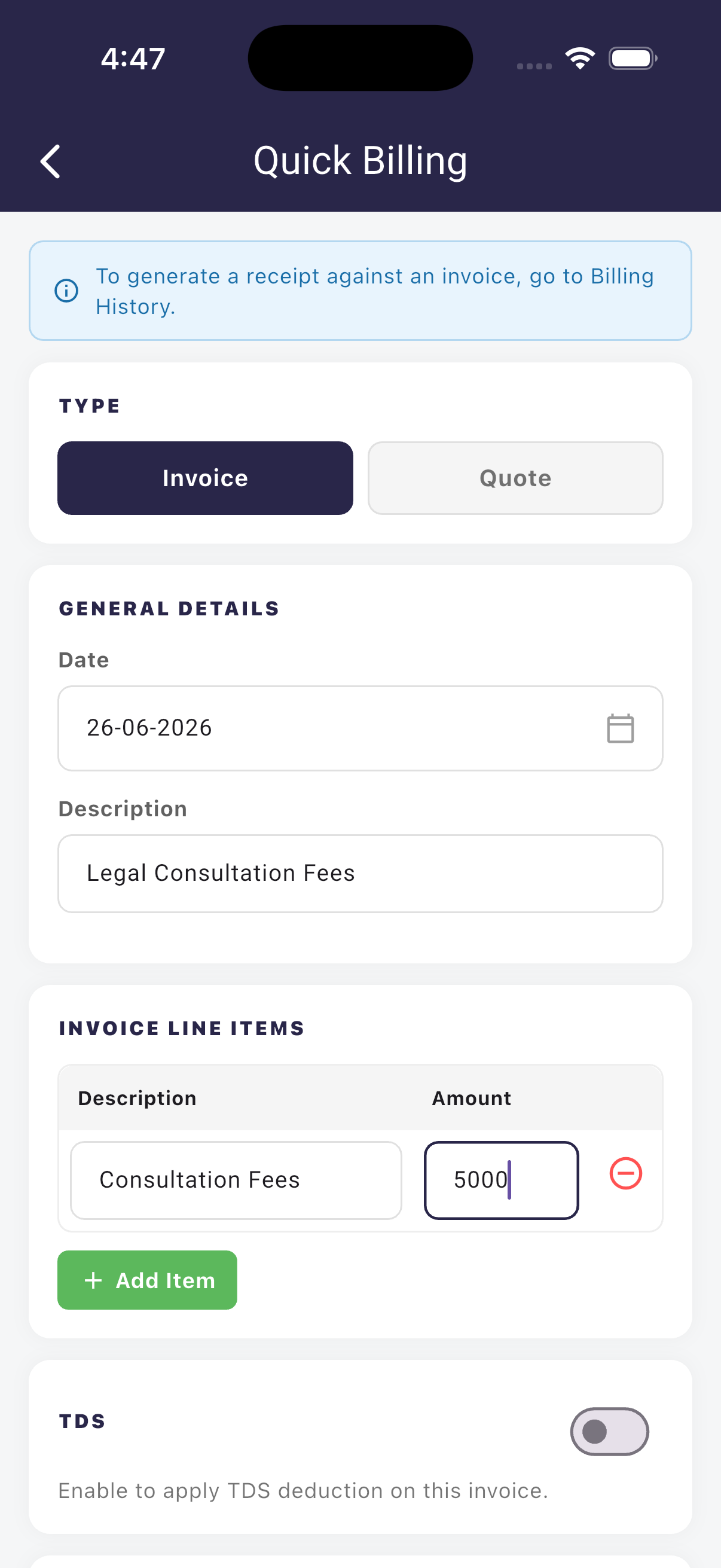 Invoice generation screen in Case Bench